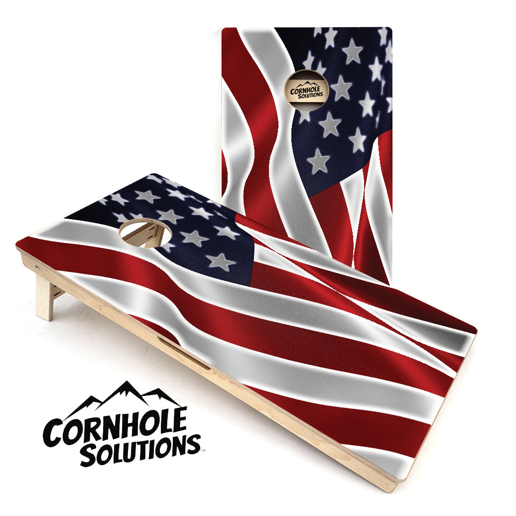 Waving USA Flag Design - Regulation 2' by 4' Tournament Cornhole Set - 18mm(3/4″) Baltic Birch
